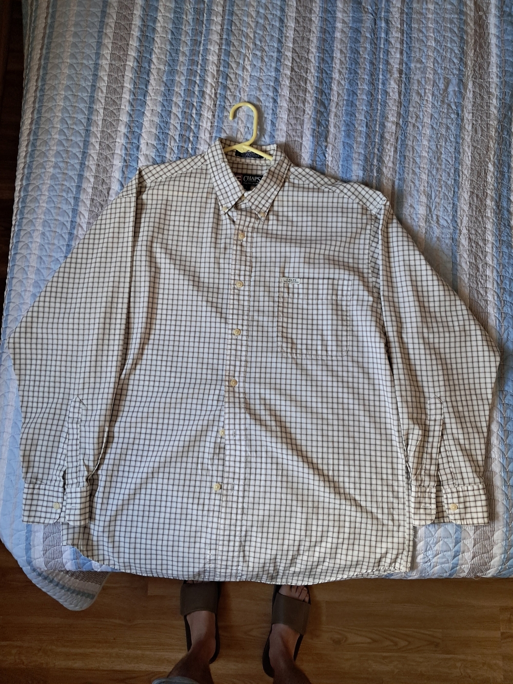 Chaps Mens Large Plaid Button Down Shirt White Yellow Black Long Sleeve